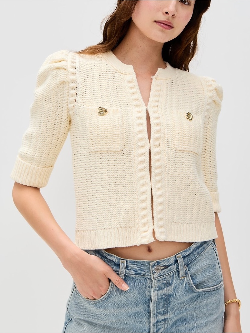 L'AGENCE Delilah Cropped Knit 3/4 Sleeve Women's Cardigan Medium